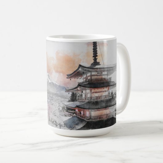 Waterverf Japanse Pagode & Fuji Koffiemok (Voorkant rechts)