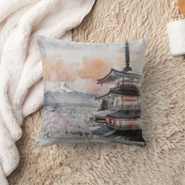 Waterverf Japanse Pagode & Fuji  Kussen (Deken)