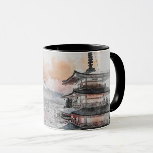 Waterverf Japanse Pagode & Fuji  Mok (Voorkant rechts)