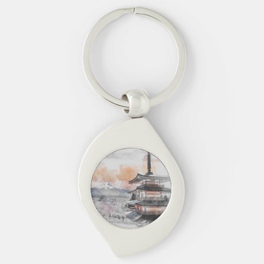 Waterverf Japanse Pagode & Fuji Sleutelhanger (Voorkant)