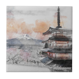 Waterverf Japanse Pagode & Fuji Tegeltje