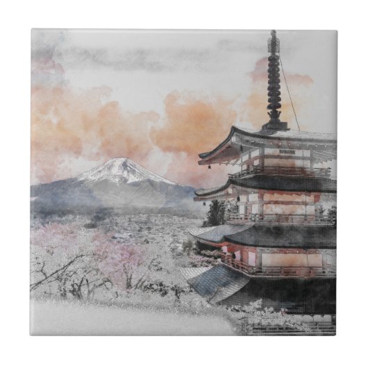 Waterverf Japanse Pagode & Fuji Tegeltje (Voorkant)