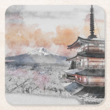 Waterverf Japanse Pagode & Mount Fuji 