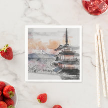 Waterverf Japanse Pagode & Mount Fuji Schilderacht