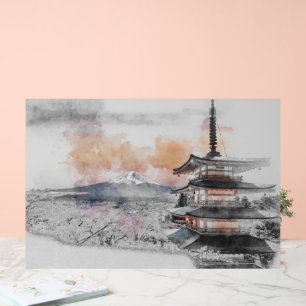 Waterverf Japanse Pagode & Mt. Fuji Acryl Bord