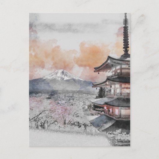 Waterverf Japanse Pagode & Mt. Fuji Briefkaart (Voorkant)