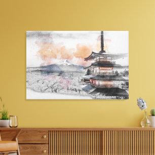 Waterverf Japanse Pagode & Mt. Fuji Canvas Afdruk