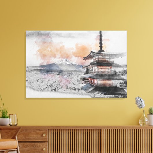 Waterverf Japanse Pagode & Mt. Fuji Canvas Afdruk (Insitu (Woonkamer))