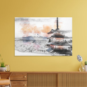 Waterverf Japanse Pagode & Mt. Fuji Canvas Afdruk