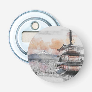 Waterverf Japanse Pagode & Mt Fuji Flesopener Button Flesopener