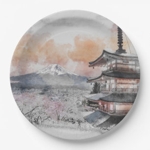 Waterverf Japanse Pagode & Mt. Fuji Papieren Borde Bordje