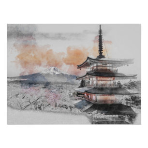 Waterverf Japanse Pagode & Mt. Fuji  Perfect Poster