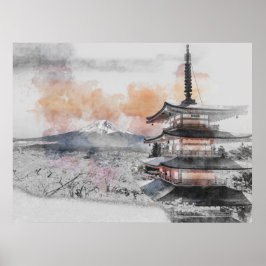 Waterverf Japanse Pagode & Mt. Fuji Poster