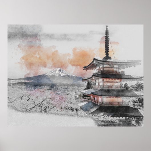 Waterverf Japanse Pagode & Mt. Fuji Poster (Voorkant)
