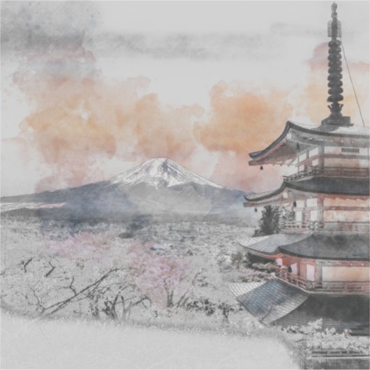 Waterverf Japanse Pagode & Mt. Fuji Sticker (Voorkant)