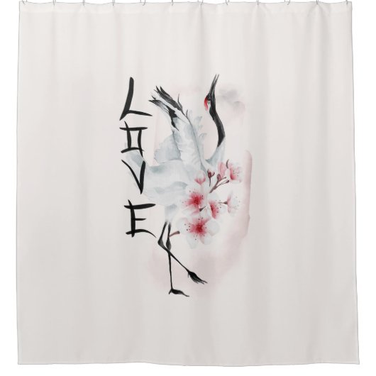 Waterverf Japanse Sakura Blossom Love Crane Douchegordijn (Voorkant)