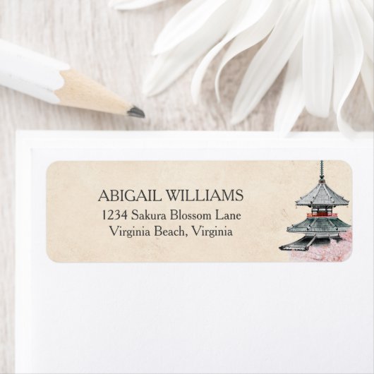 Waterverf Japanse tempelCherry-bloesems Etiket (Insitu)