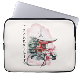 Waterverf Japanse Temple Sakura Blossom Laptop Sleeve