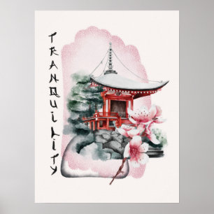 Waterverf Japanse Temple Sakura Blossom Poster
