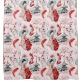 Waterverf Japanse Vrouw Pagoda Lotus Koi Fish Douchegordijn (Voorkant)