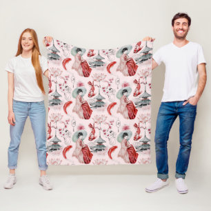 Waterverf Japanse vrouw Pagoda Lotus Koi Fish Fleece Deken