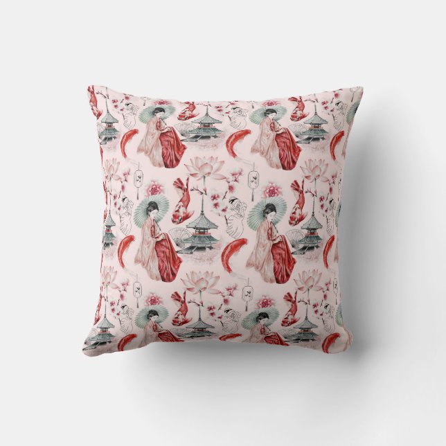 Waterverf Japanse vrouw Pagoda Lotus Koi Fish Kussen (Achterkant)