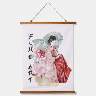 Waterverf Japanse Vrouw Umbrella Lotus Fine Art Hangend Wandkleed