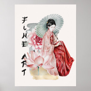 Waterverf Japanse Vrouw Umbrella Lotus Fine Art Poster