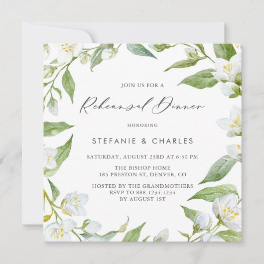 Waterverf Jasmine en Greenery Rehearsal Dinner Kaart (Voorkant)
