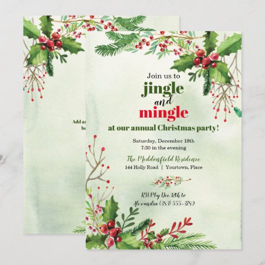 Waterverf Jingle en Mingle Kerstparty Kaart (Voorkant / Achterkant)