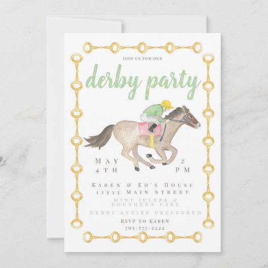 Waterverf Jockey Derby Party Paardenrace Kaart (Voorkant)