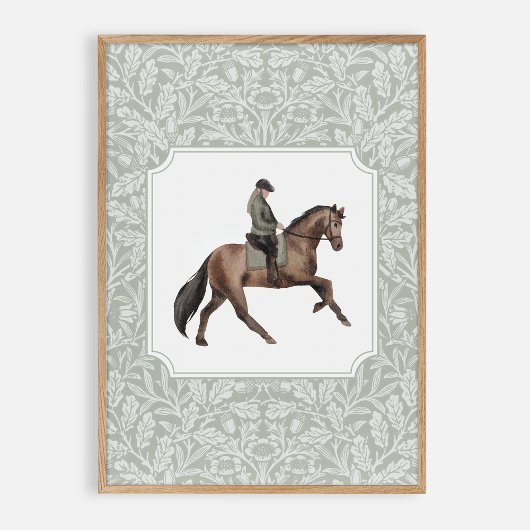 Waterverf jockey op een bruin paard,  poster