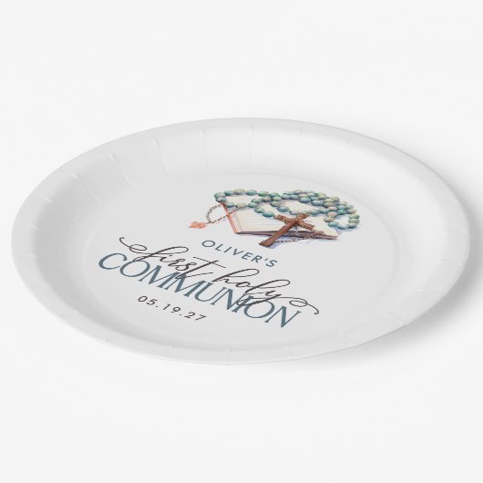 Waterverf Jongen Eerste Heilige Communie Papieren Bordje (Gekanteld)