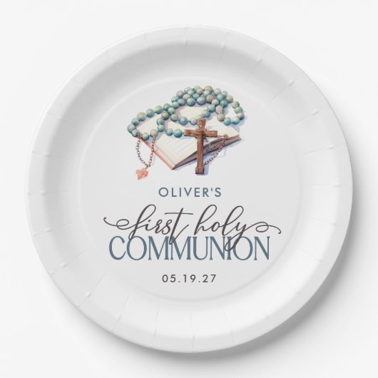 Waterverf Jongen Eerste Heilige Communie Papieren Bordje (Voorkant)