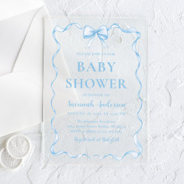 Waterverf Jongen Lint Stoffig Blauw Boog Baby show Acryl Uitnodigingen