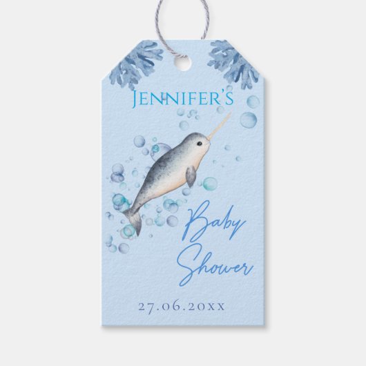 Waterverf jongen Narwhal & bubbels Baby shower Cadeaulabel (Voorkant)