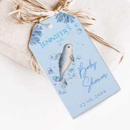 Waterverf jongen Narwhal & bubbels Baby shower Cadeaulabel
