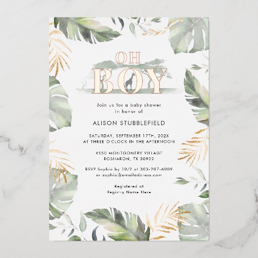 Waterverf Jongen Palm Safari Baby shower Roos Goud Folie Uitnodiging (Voorkant)