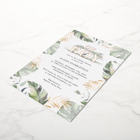 Waterverf Jongen Palm Safari Baby shower Roos Goud Folie Uitnodiging (Gedraaid)
