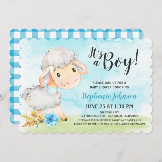 Waterverf Jongen Schaap Baby shower Boerderij Uitn Kaart (Voorkant / Achterkant)