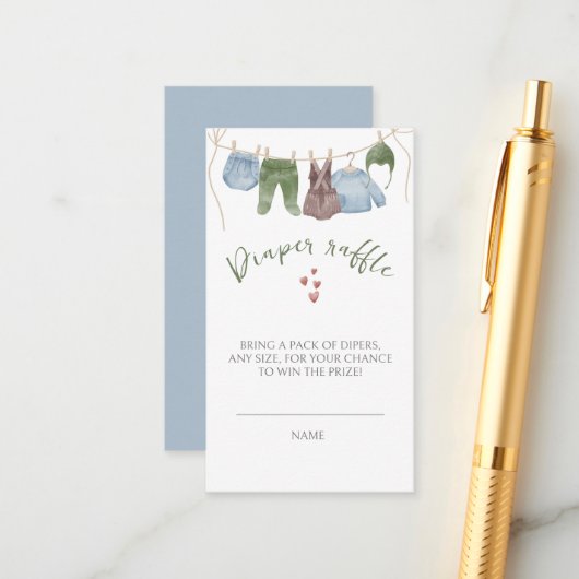 Waterverf Jongenskleding Baby shower Diper Raffle Informatiekaartje (Voorkant / Achterkant in situ)