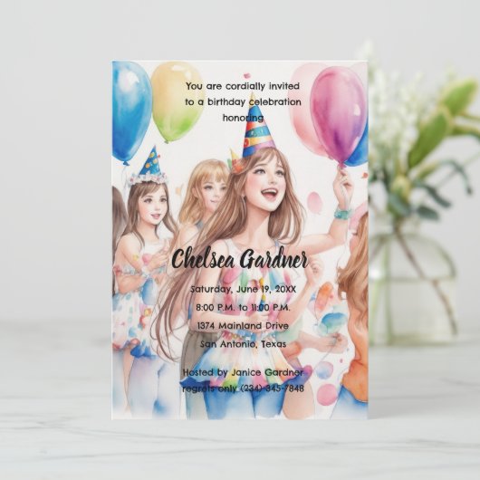 Waterverf jongeren vieren hun verjaardag kaart (Staand voorkant)