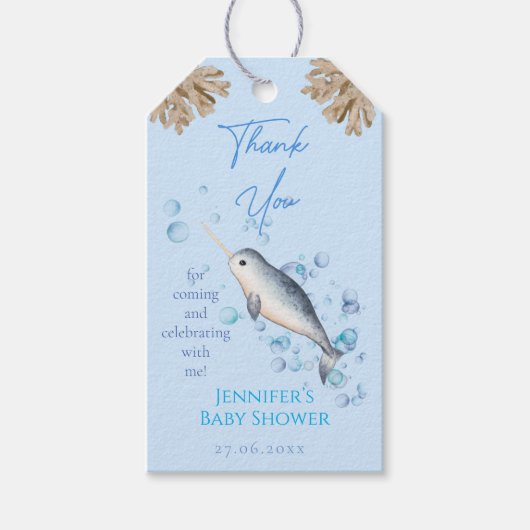 Waterverf jongetje Narwhal en bubbels Stars Favor Cadeaulabel (Voorkant)