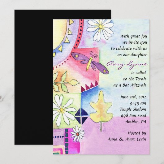 Waterverf Joodse bat Mitzvah Uitnodiging (Voorkant / Achterkant)