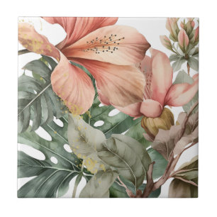 Waterverf Jungle Bloemen Perzik Goud Spatten Tegeltje