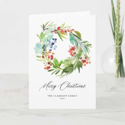 Waterverf Juniper en Holly Wreath Kerstmis Feestdagen Kaart (Voorkant)
