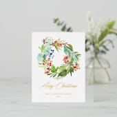 Waterverf Juniper en Holly Wreath Kerstmis Folie Feestdagen Briefkaart (Staand Voorkant)