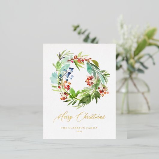 Waterverf Juniper en Holly Wreath Kerstmis Folie Feestdagen Briefkaart (Staand Voorkant)