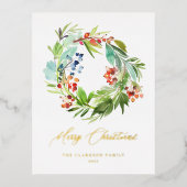 Waterverf Juniper en Holly Wreath Kerstmis Folie Feestdagen Briefkaart (Voorkant)