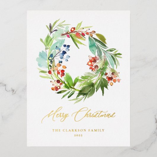 Waterverf Juniper en Holly Wreath Kerstmis Folie Feestdagen Briefkaart (Voorkant)
